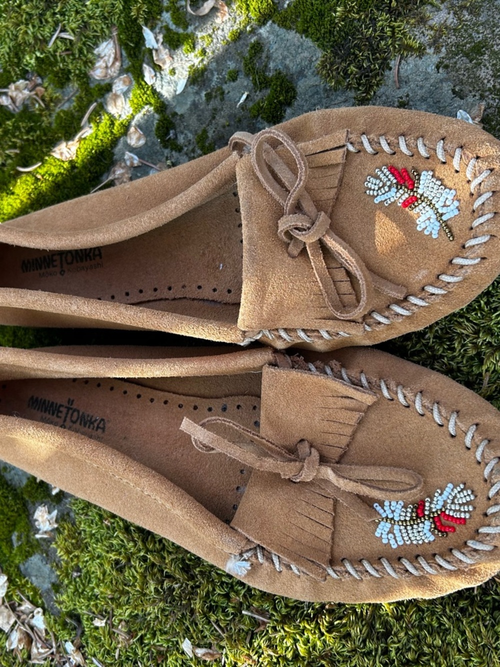 Minnetonka Tan Suede Moccasins with Bead Embroidery